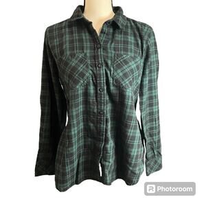 Beach Lunch Lounge 100% Cotton Green Black Plaid Back Ruffle ButtonUp Shirt Sz S